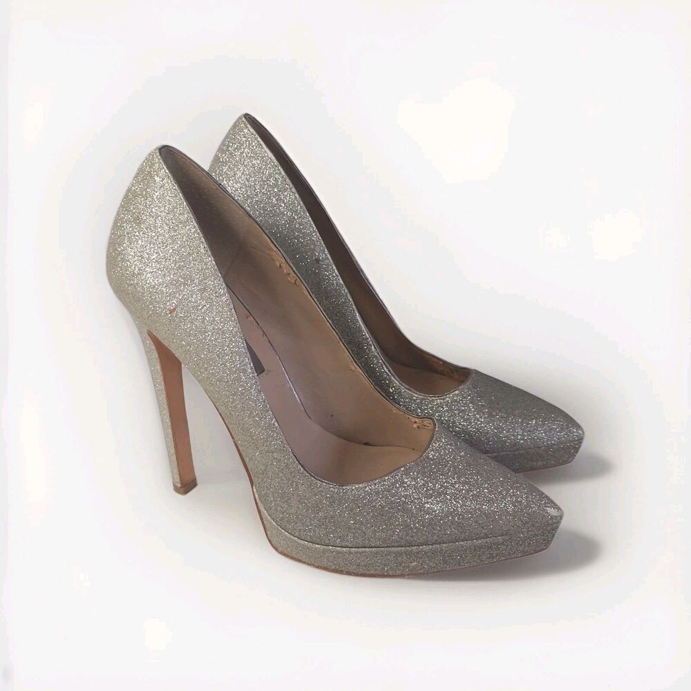 BCBG Maxazria Heels 7.5M Gaminkha Dress Pumps Silver Stiletto Glitter platforms